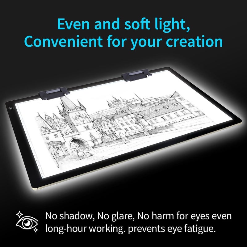 Zocelight A2 Light pad,7mm Ultra-Thin led Light Box,3 Levels Dimming/Stepless Dimming Light Table with 2 Clips and 12V 2A Adapter,Large Light Board for Diamond Painting,Drawing,Sketching,Tattoo - Image 2